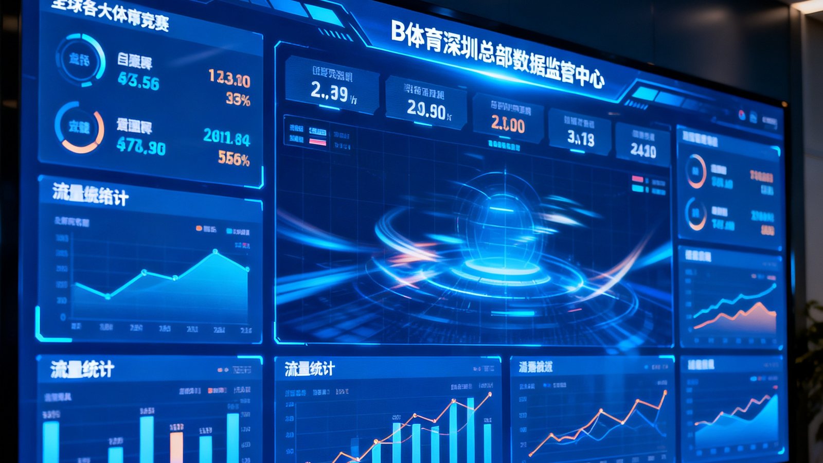 B体育深圳总部数据监控中心大屏幕实时展示全球各大体育赛事的关键数据指标与流量统计面板