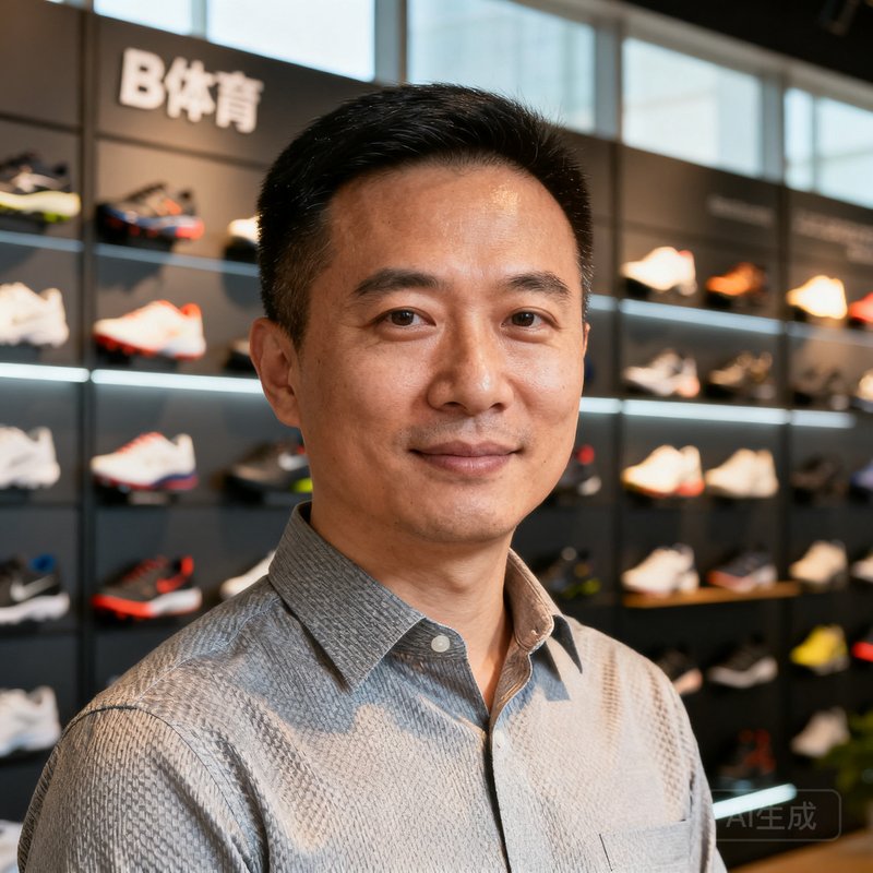 B体育创始人兼CEO陈明远身着商务衬衫的正面半身照，背景为公司产品展示墙