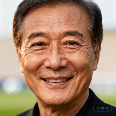 资深足球评论员张先生微笑着面对镜头的半身肖像照